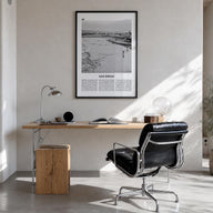 San Diego no. 1 black & white newspaper poster of California, USA – vertical wall art in black wood frame, hanging on wall