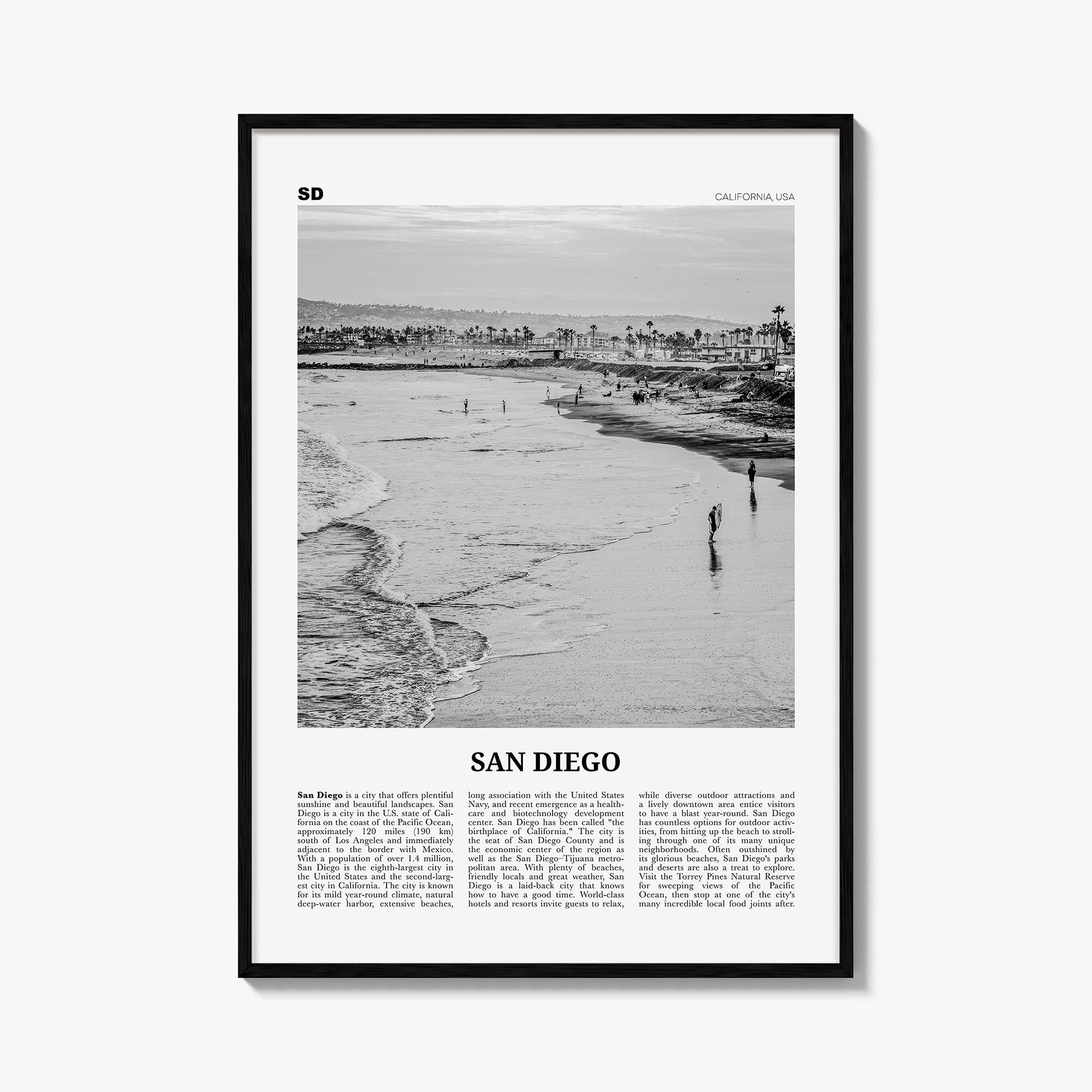 San Diego no. 1 black & white newspaper poster of California, USA – vertical wall art, unframed print shown in interior mocku