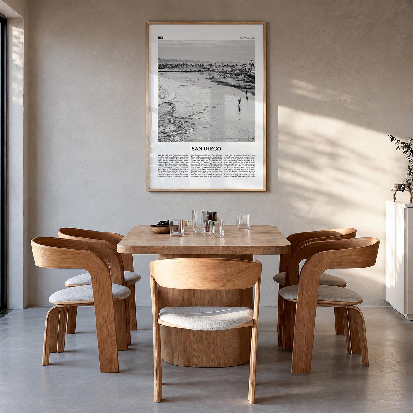 San Diego no. 1 black & white newspaper poster of California, USA – vertical wall art in natural wood frame, hanging on wall