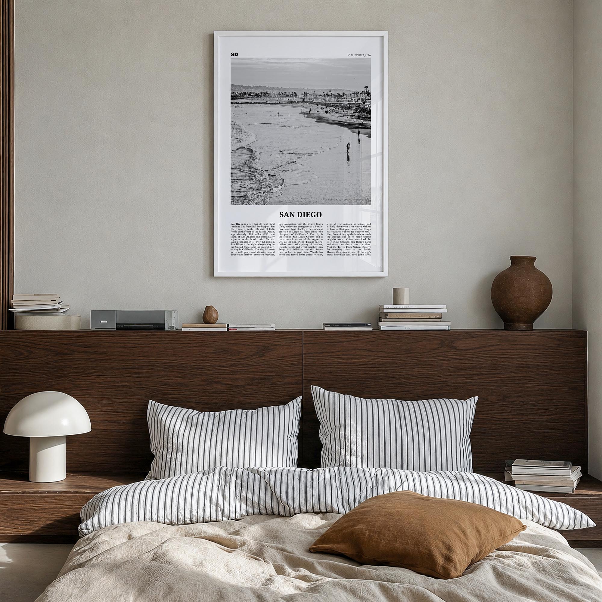 San Diego no. 1 black & white newspaper poster of California, USA – vertical wall art in white wood frame, hanging on wall