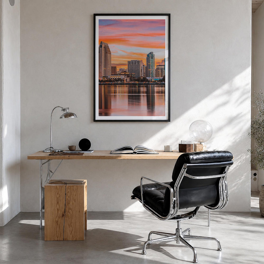 San Diego no. 1 colorful photo poster of California, USA – vertical wall art in black wood frame with white border, hanging o