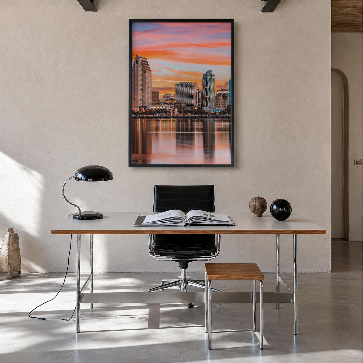 San Diego no. 1 colorful photo poster of California, USA – vertical wall art in black wood frame, hanging on wall