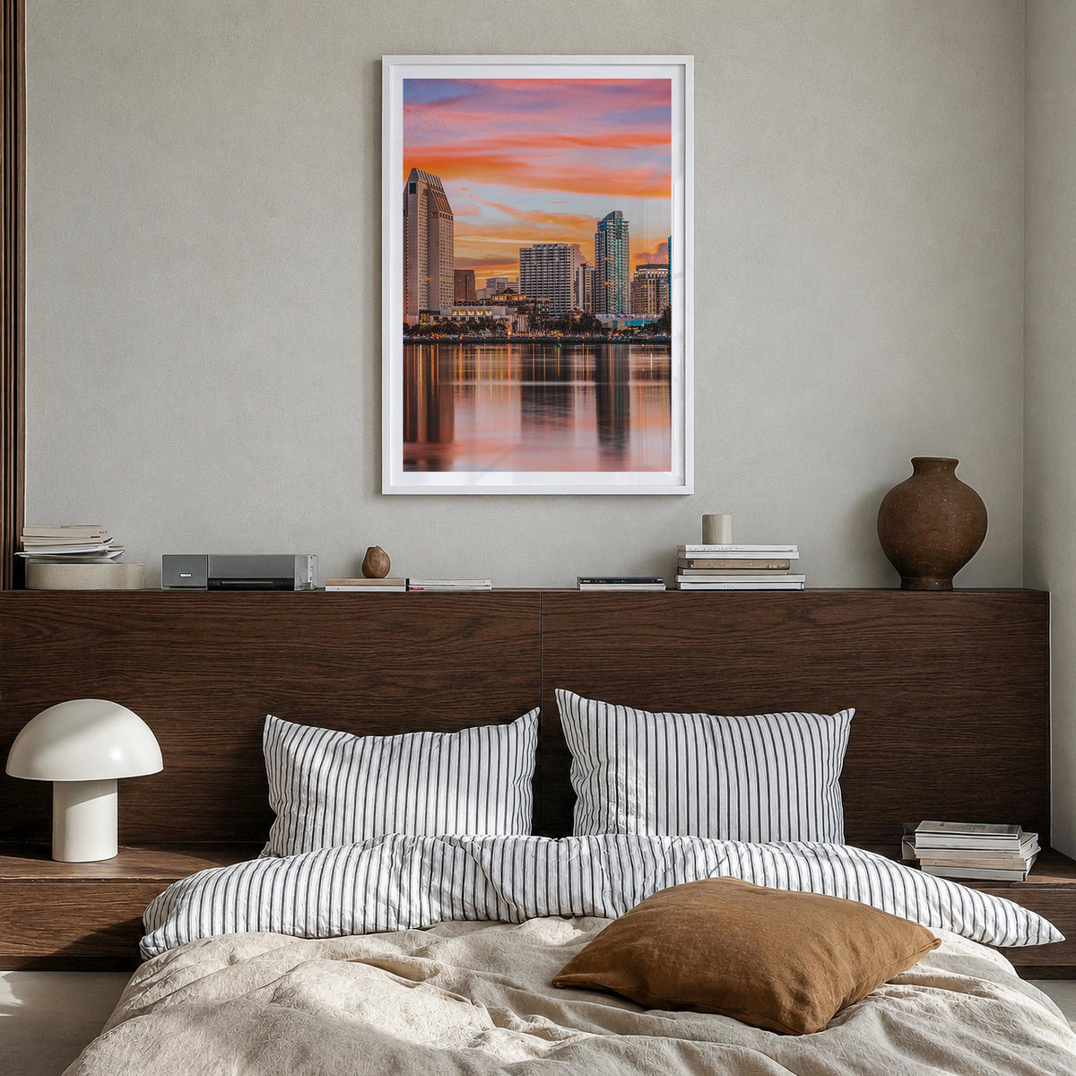 San Diego no. 1 colorful photo poster of California, USA – vertical wall art in white wood frame with white border, hanging o