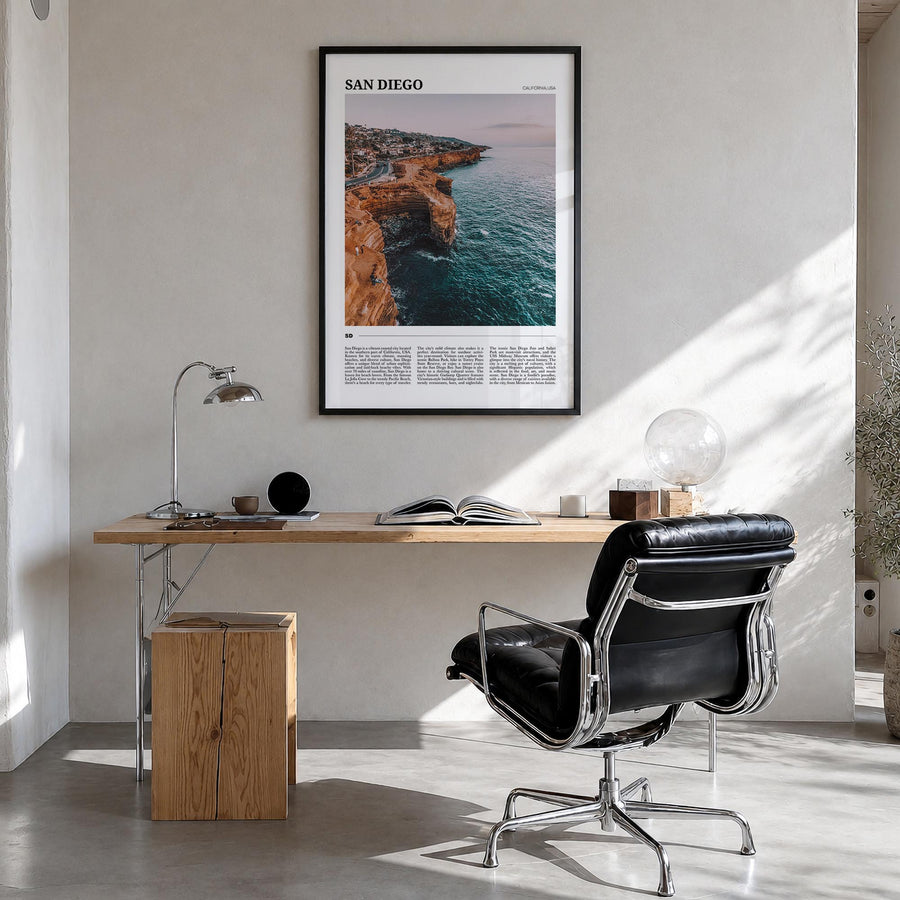 San Diego no. 1 colorful travel poster of California, USA – vertical wall art in black wood frame, hanging on wall