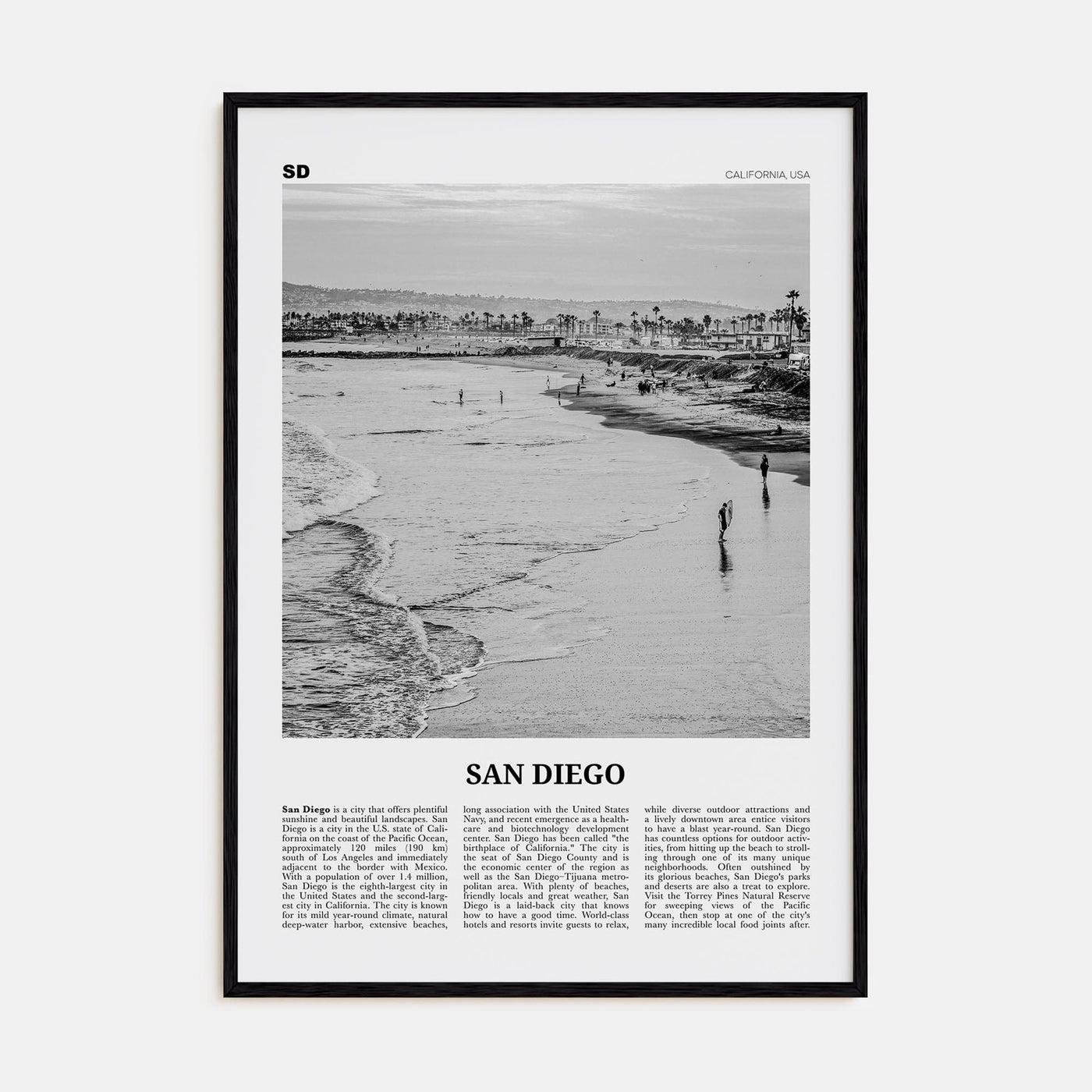 San Diego No 1 Poster Black Wood / 8x12 in Nbourhood Travel B&W Poster