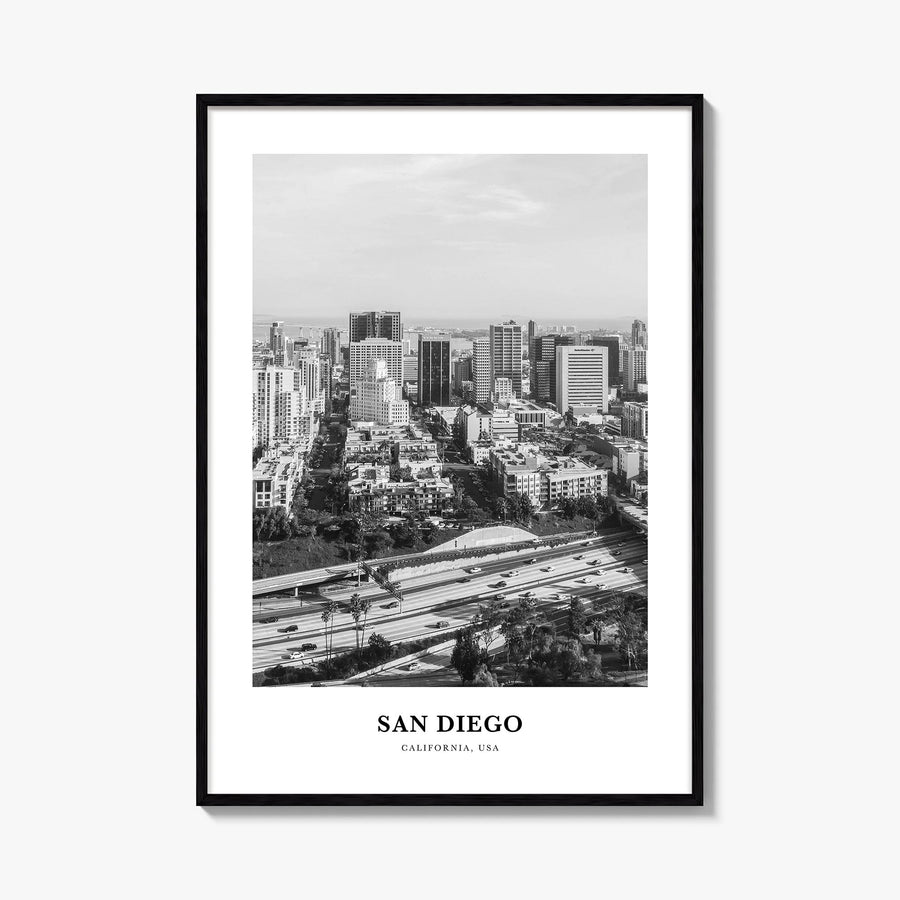 San Diego no. 2 black & white classic poster of California, USA – vertical wall art, unframed print shown in interior mockup