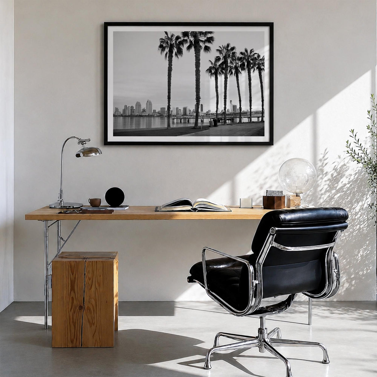 San Diego no. 2 black & white photo poster of California, USA – horizontal wall art in black wood frame with white border, ha