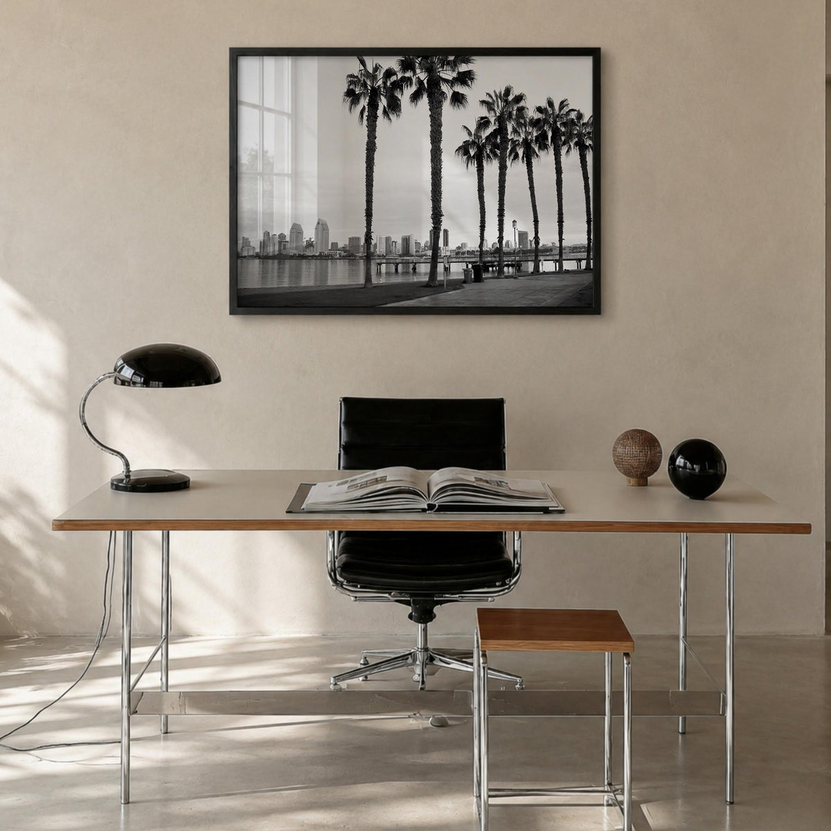 San Diego no. 2 black & white photo poster of California, USA – horizontal wall art in black wood frame, hanging on wall