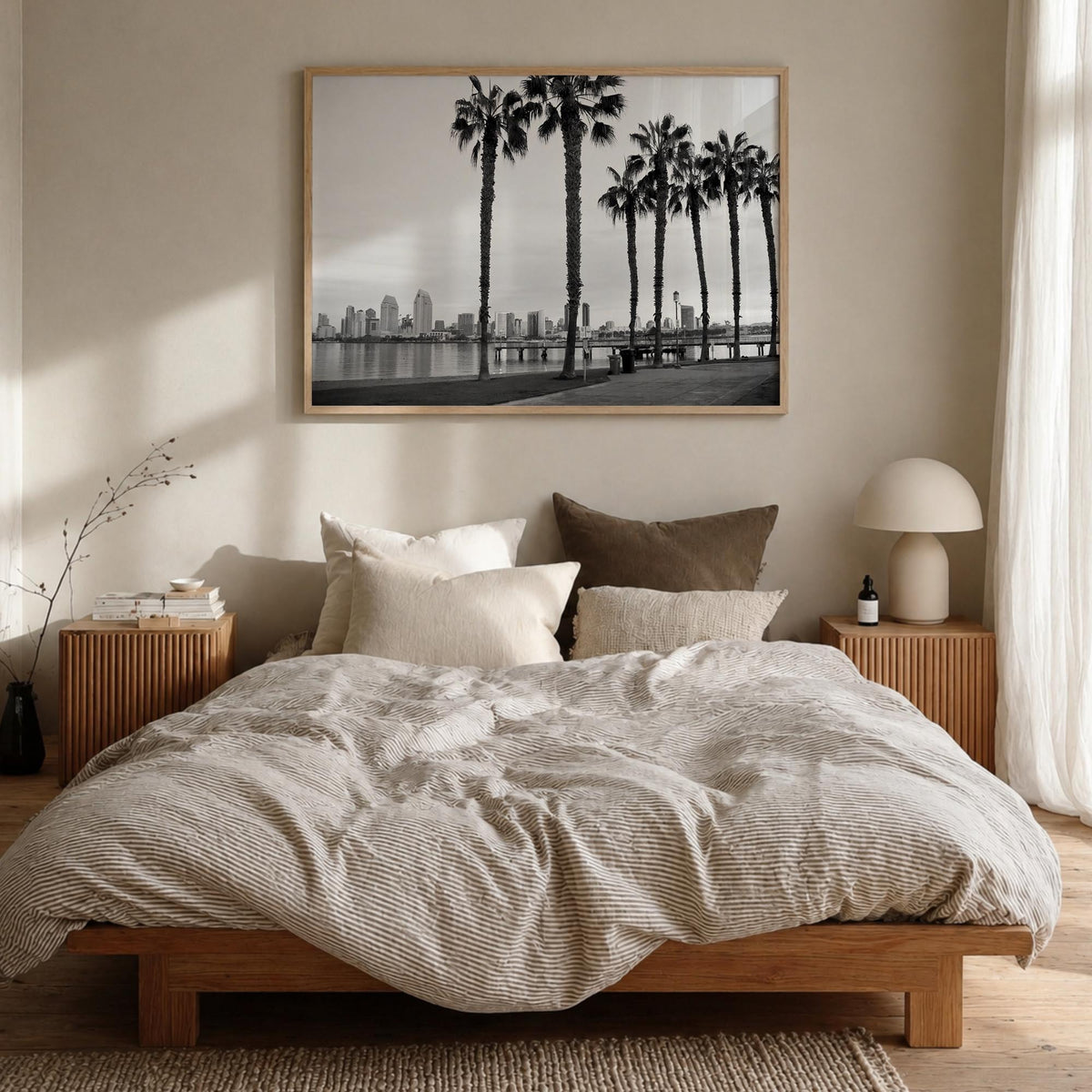 San Diego no. 2 black & white photo poster of California, USA – horizontal wall art in natural wood frame, hanging on wall