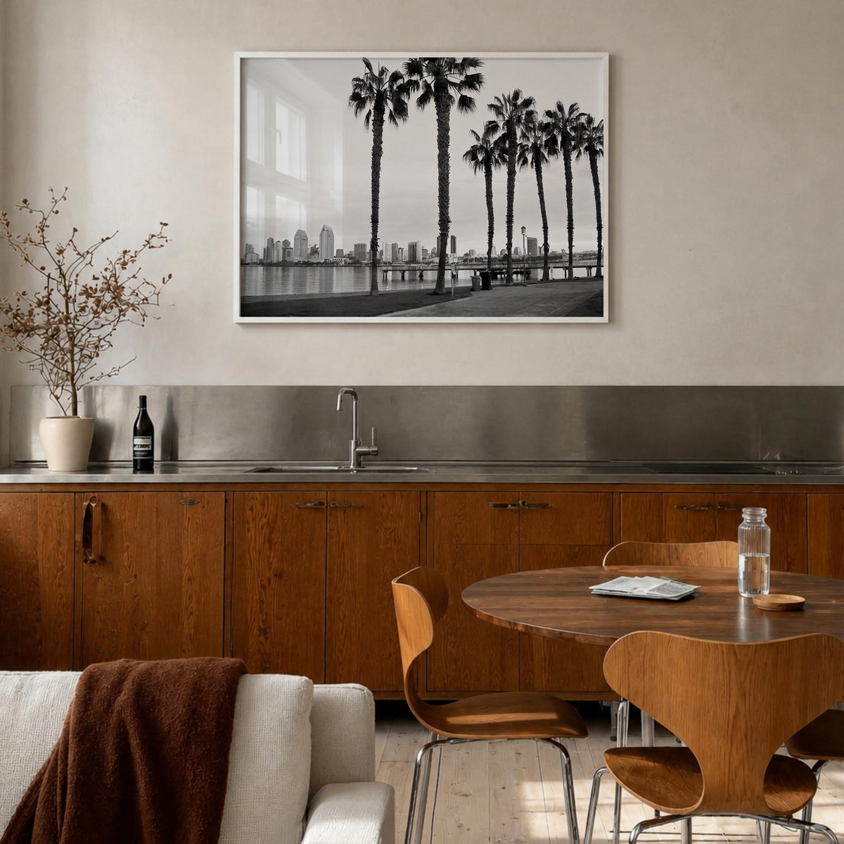 San Diego no. 2 black & white photo poster of California, USA – horizontal wall art in white wood frame, hanging on wall