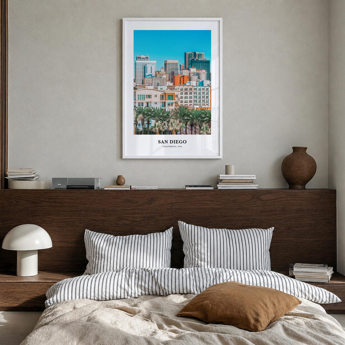 San Diego no. 2 colorful classic poster of California, USA – vertical wall art in white wood frame, hanging on wall