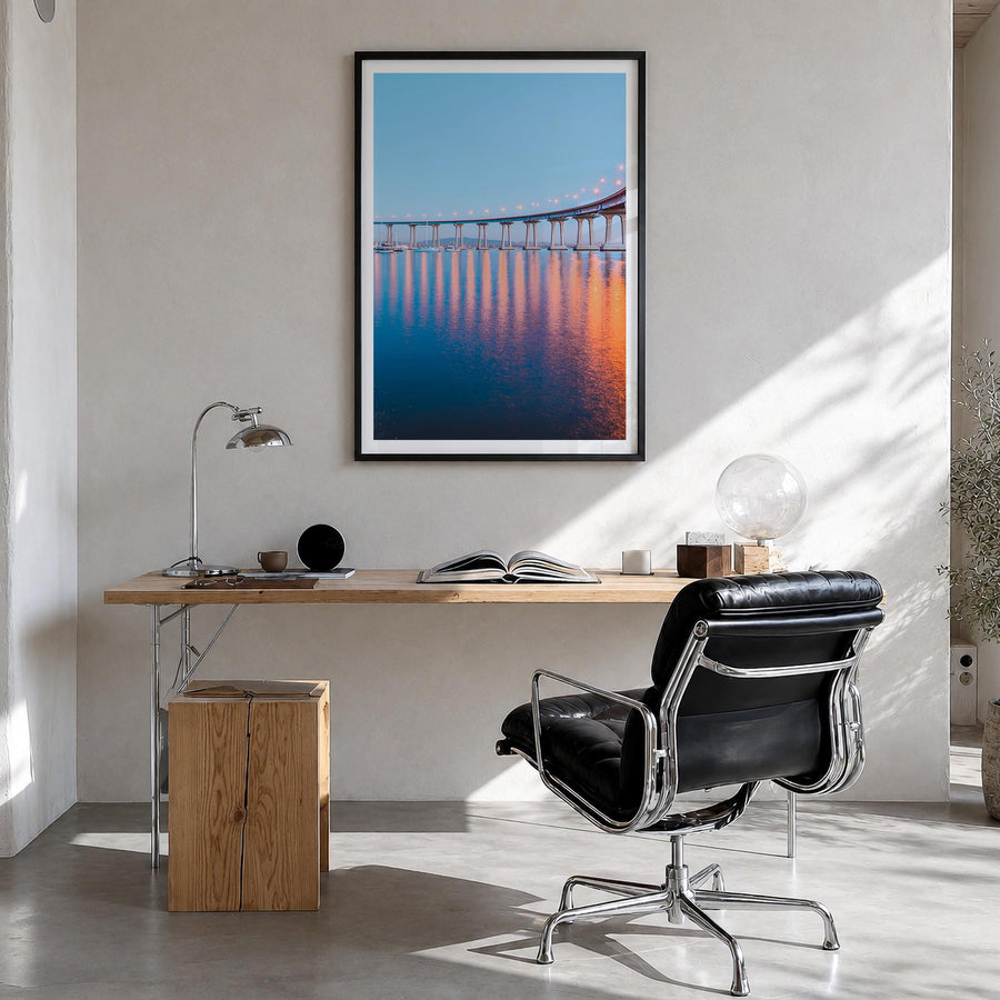 San Diego no. 2 colorful photo poster of California, USA – vertical wall art in black wood frame with white border, hanging o
