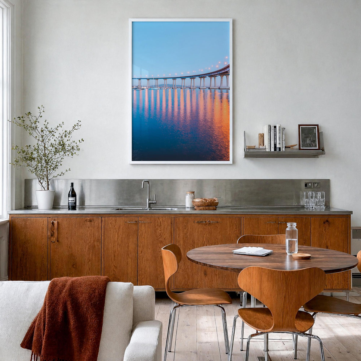 San Diego no. 2 colorful photo poster of California, USA – vertical wall art in white wood frame, hanging on wall