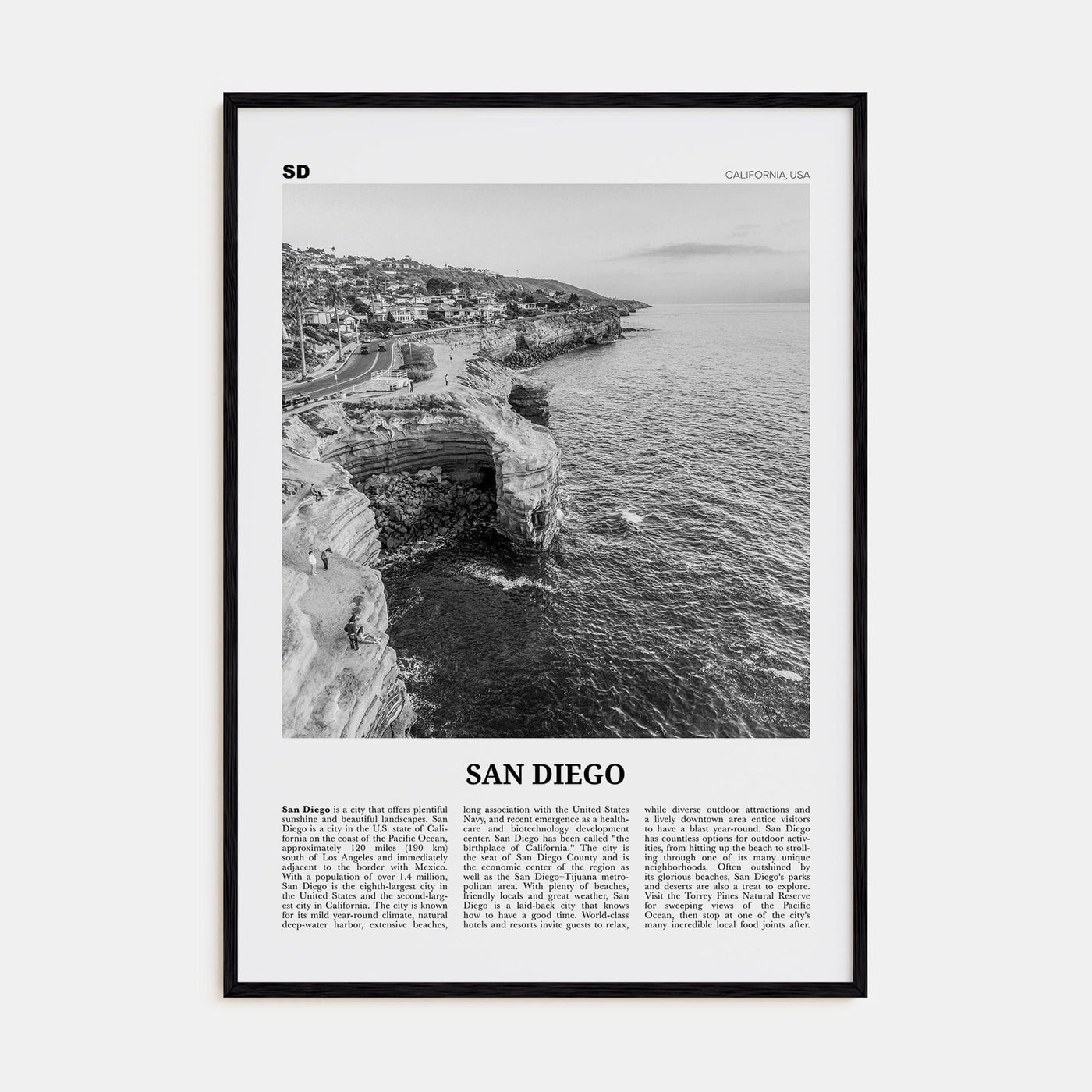 San Diego No 2 Poster Black Wood / 8x12 in Nbourhood Travel B&W Poster