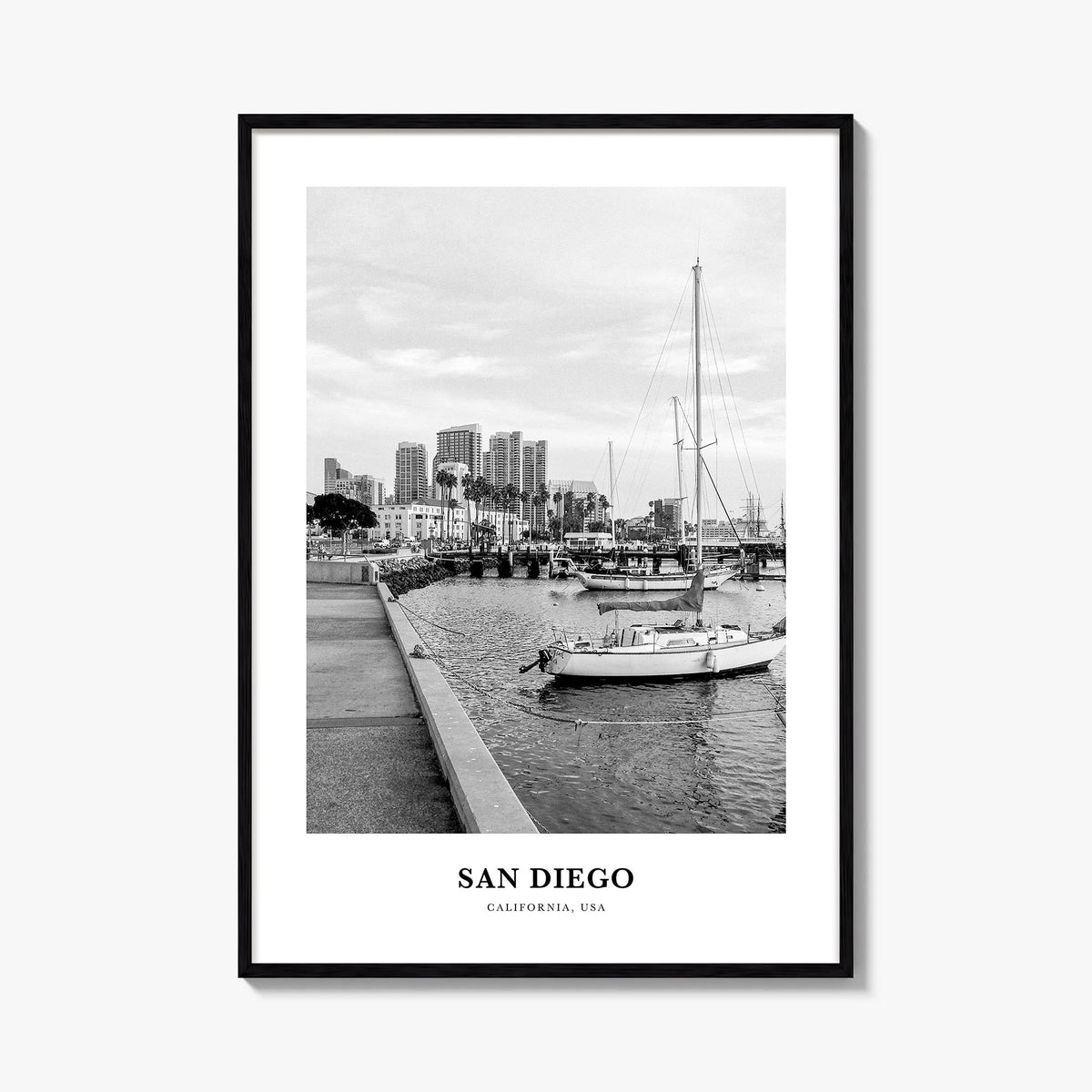 San Diego no. 3 black & white classic poster of California, USA – vertical wall art, unframed print shown in interior mockup