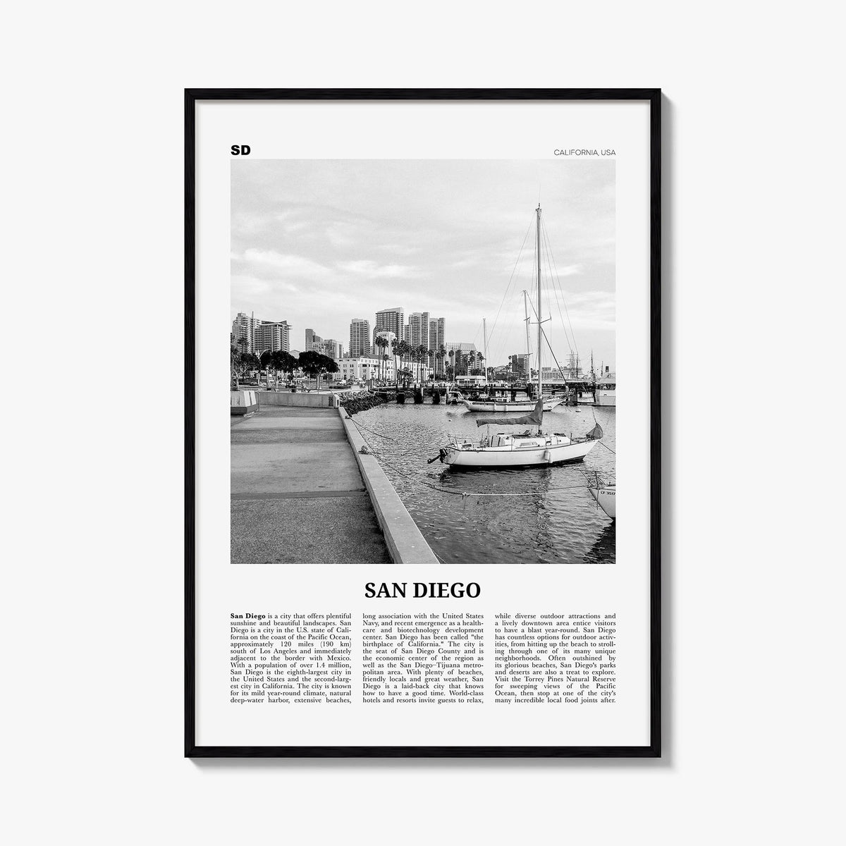 San Diego no. 3 black & white newspaper poster of California, USA – vertical wall art, unframed print shown in interior mocku