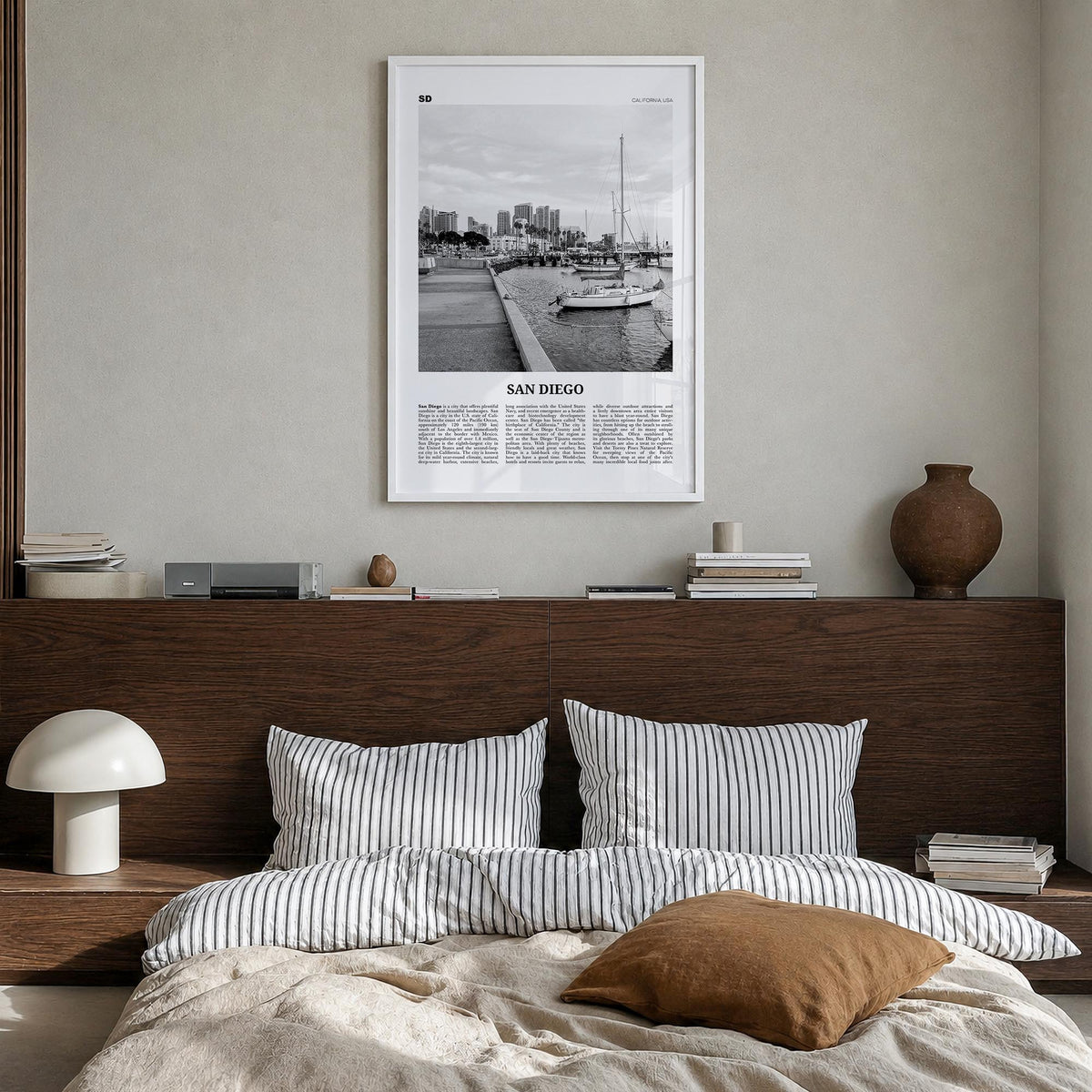 San Diego no. 3 black & white newspaper poster of California, USA – vertical wall art in white wood frame, hanging on wall