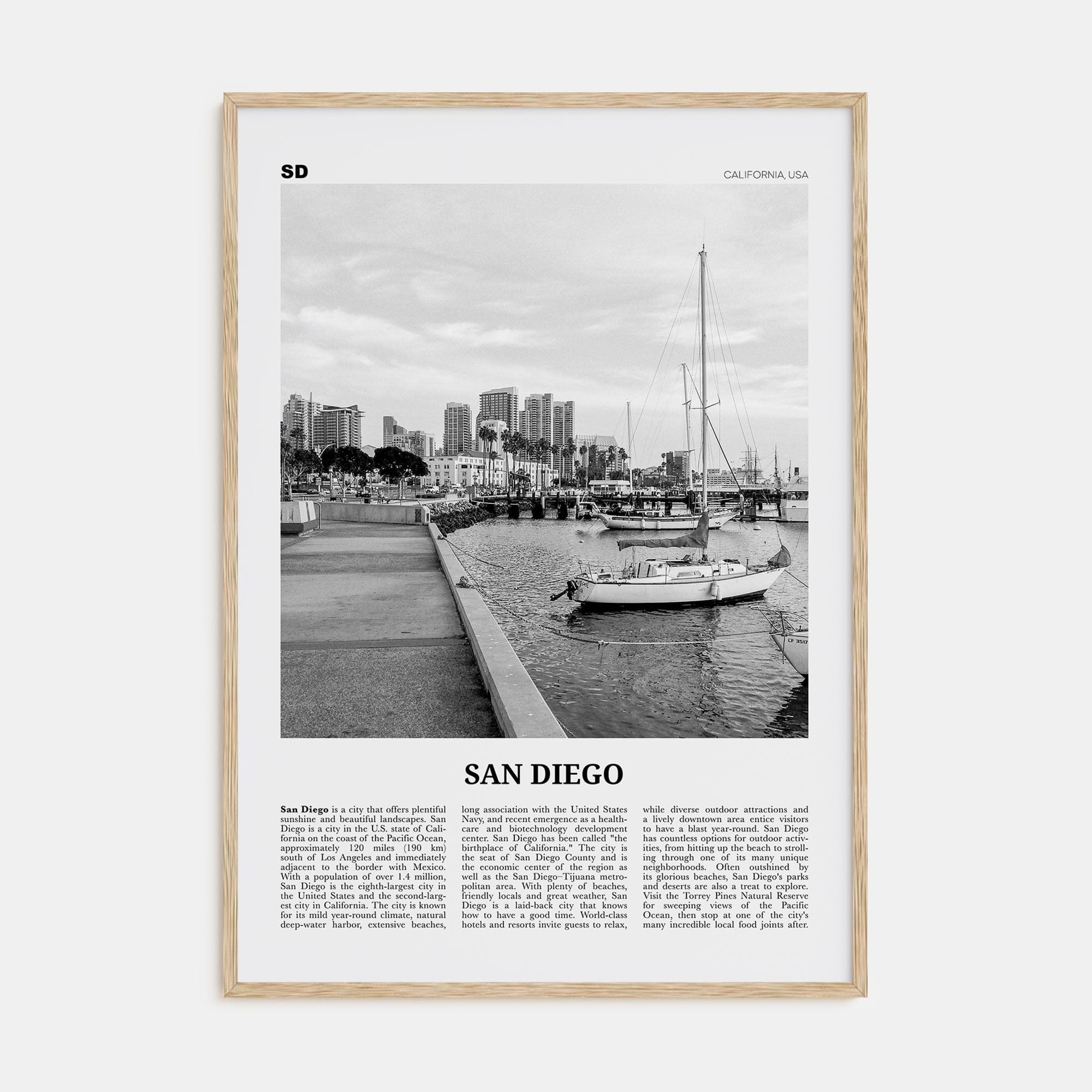 San Diego No 3 Poster Natural Wood / 8x12 in Nbourhood Travel B&W Poster