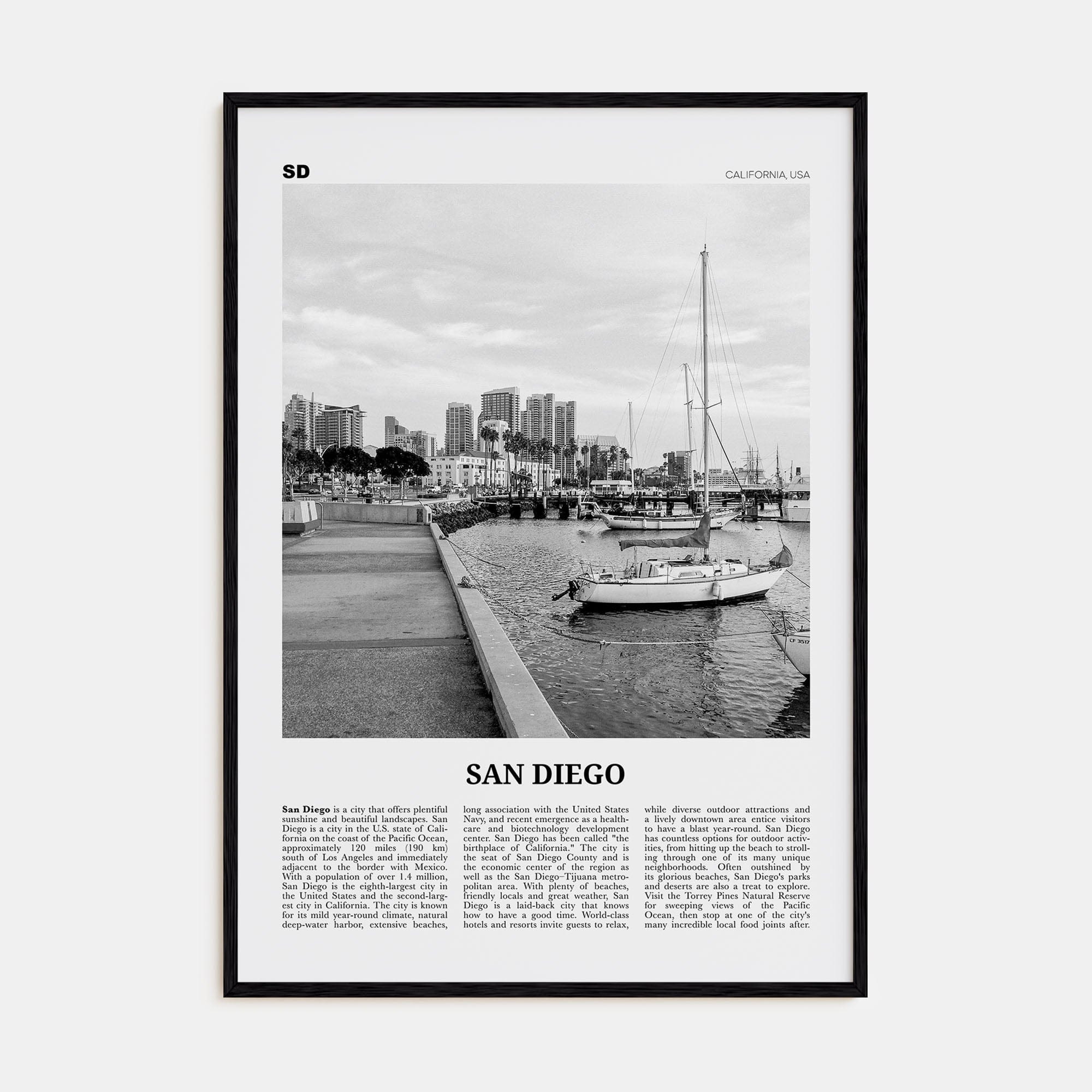 San Diego No 3 Poster Black Wood / 8x12 in Nbourhood Travel B&W Poster