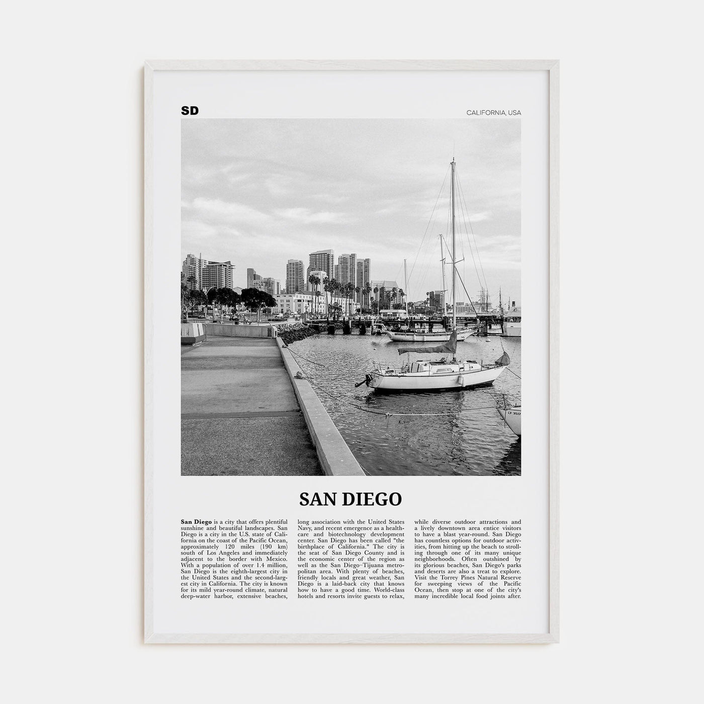 San Diego No 3 Poster White Wood / 8x12 in Nbourhood Travel B&W Poster