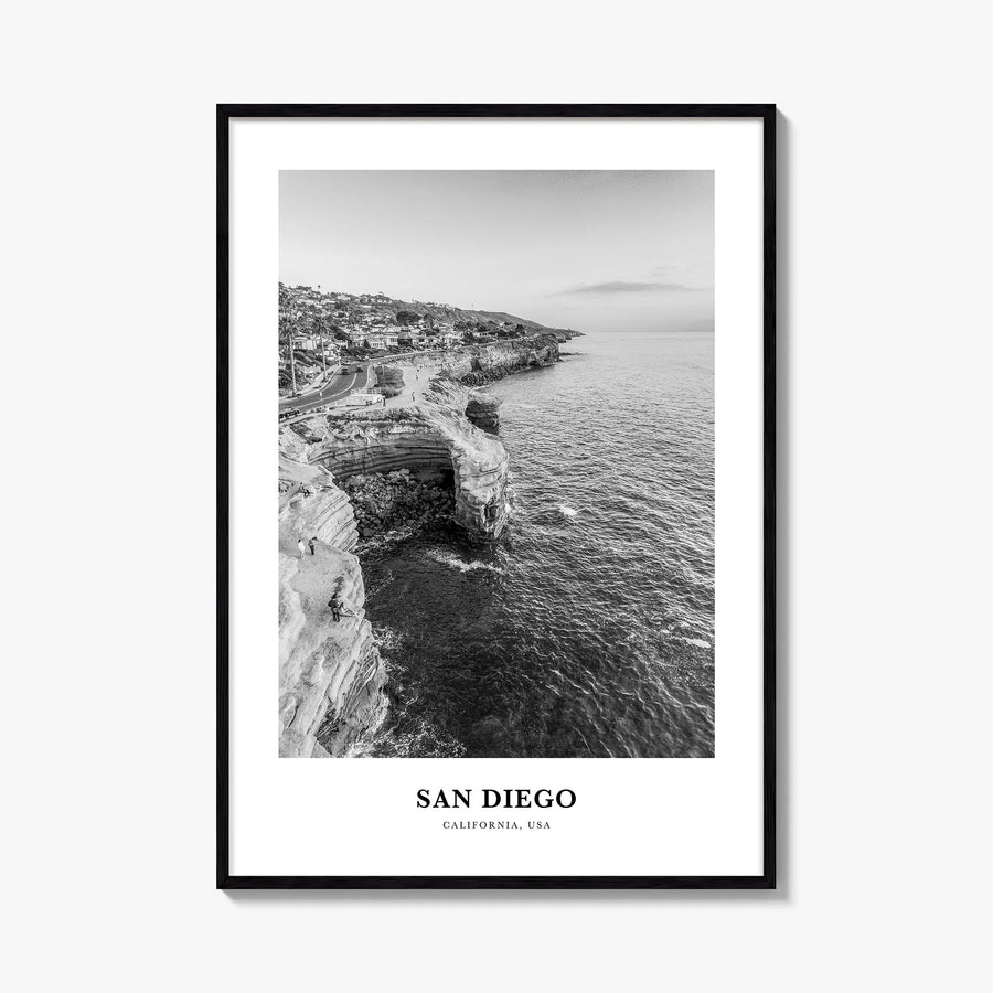 San Diego no. 4 black & white classic poster of California, USA – vertical wall art, unframed print shown in interior mockup