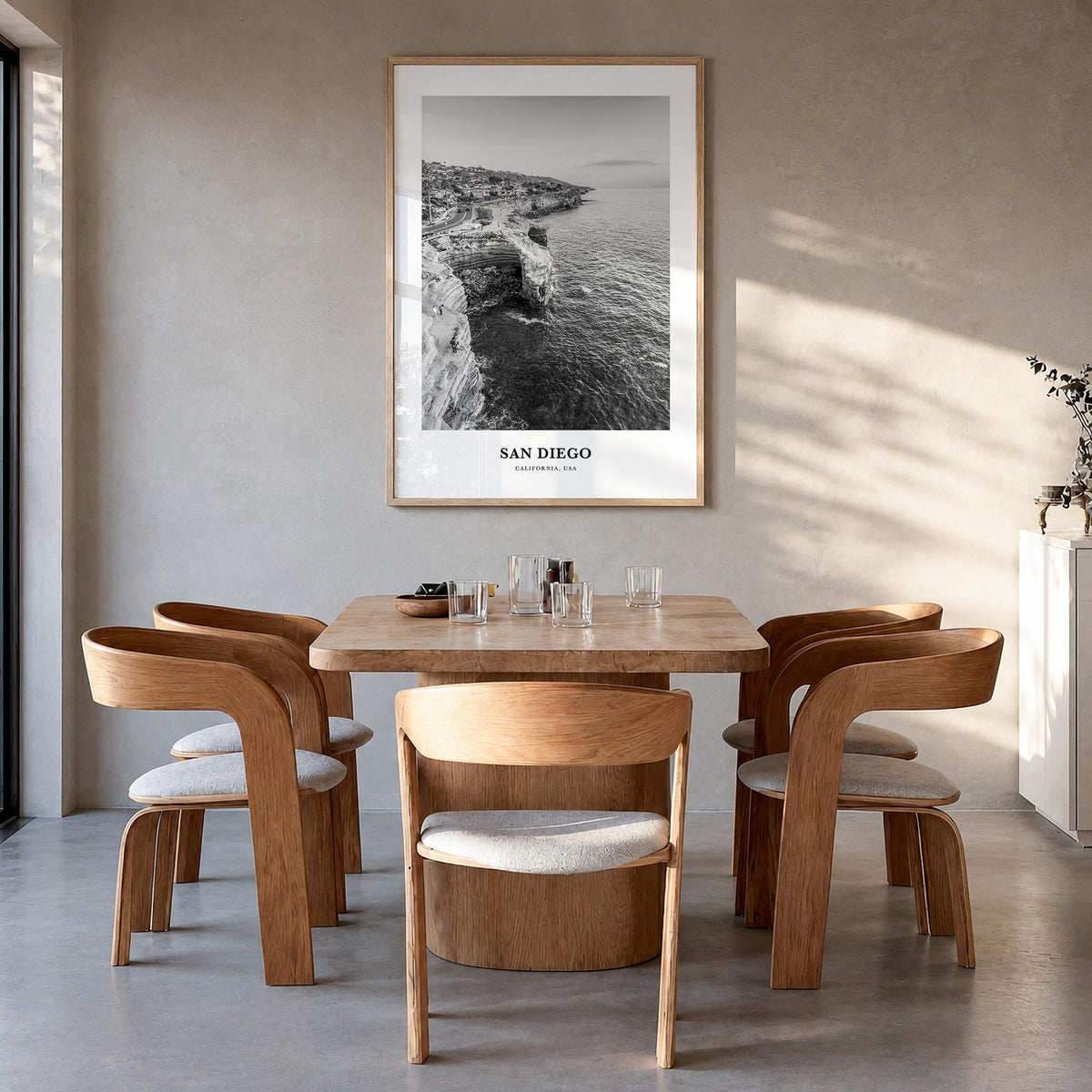 San Diego no. 4 black & white classic poster of California, USA – vertical wall art in natural wood frame, hanging on wall