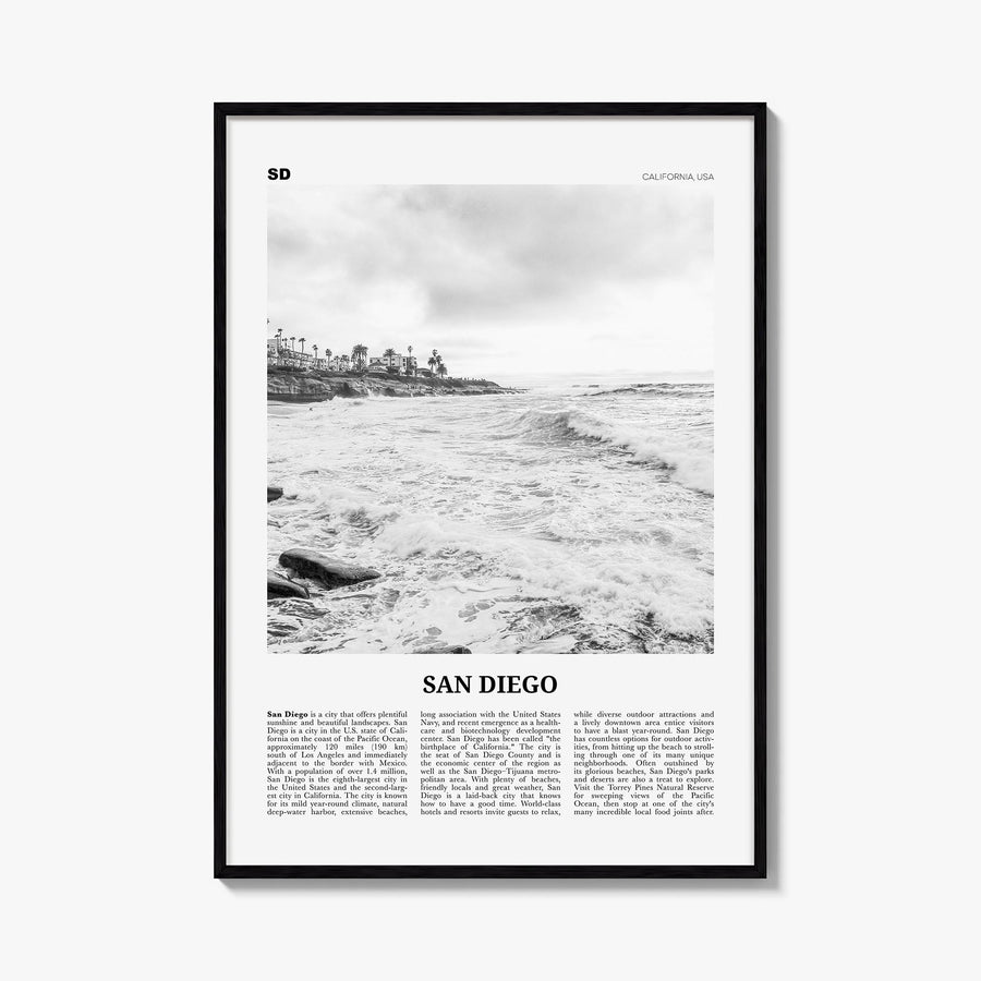San Diego no. 4 black & white newspaper poster of California, USA – vertical wall art, unframed print shown in interior mocku