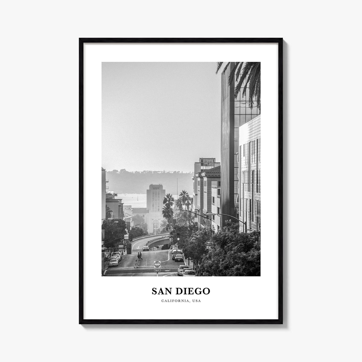 San Diego no. 5 black & white classic poster of California, USA – vertical wall art, unframed print shown in interior mockup
