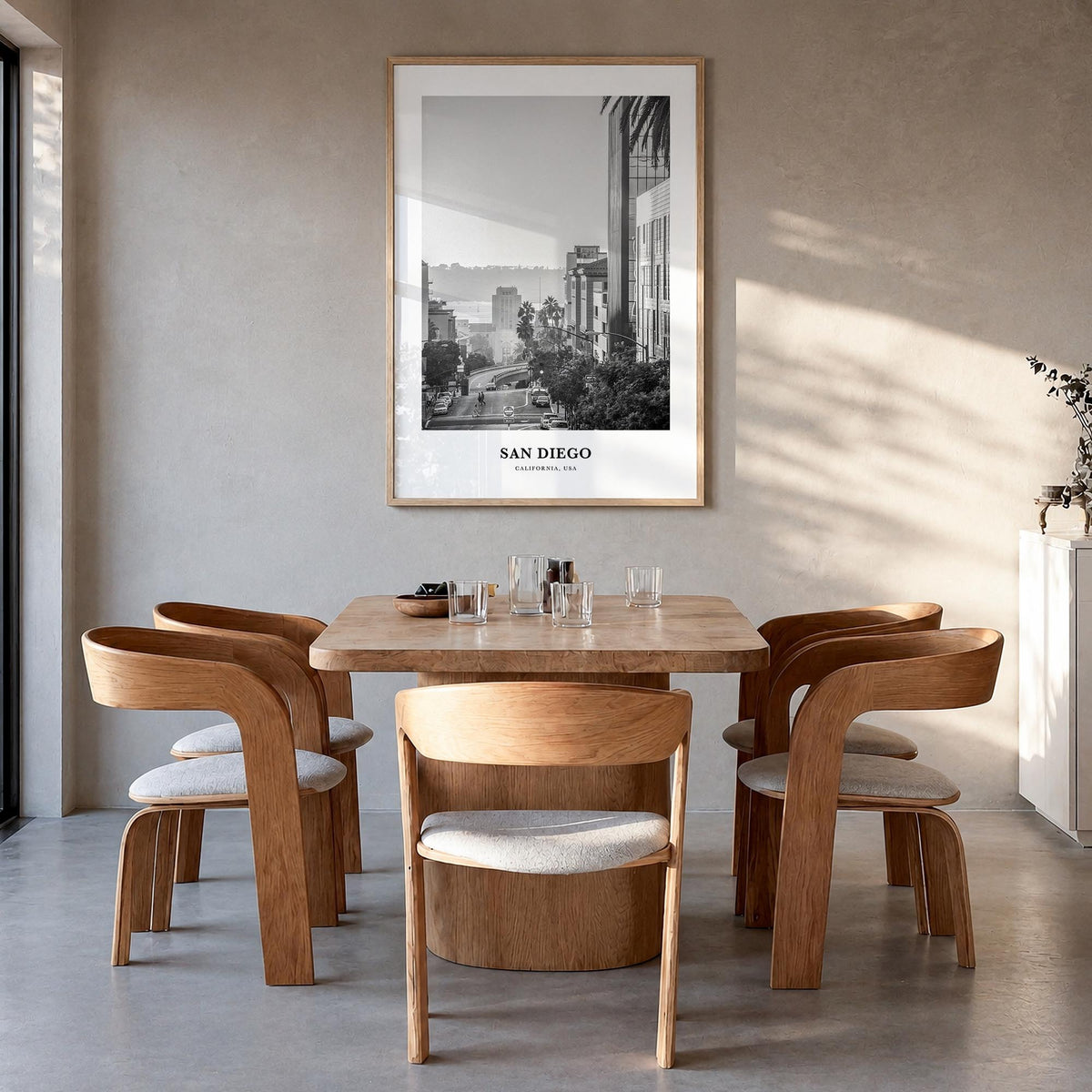 San Diego no. 5 black & white classic poster of California, USA – vertical wall art in natural wood frame, hanging on wall