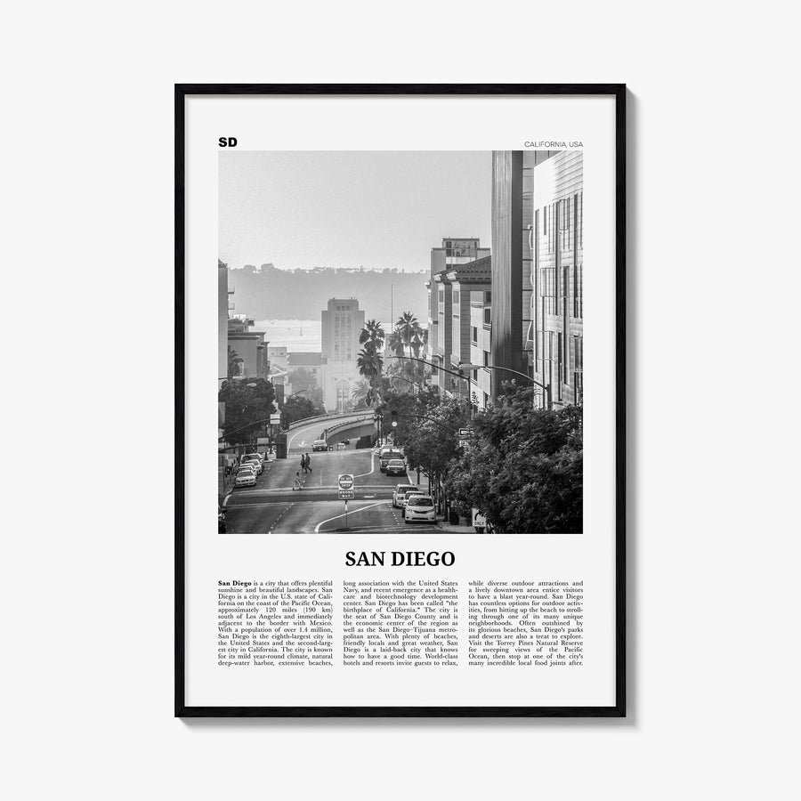 San Diego no. 5 black & white newspaper poster of California, USA – vertical wall art, unframed print shown in interior mocku