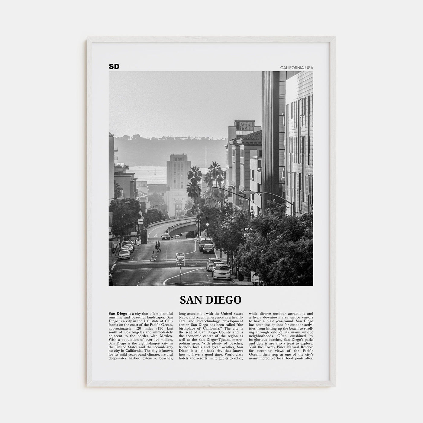 San Diego No 5 Poster White Wood / 8x12 in Nbourhood Travel B&W Poster