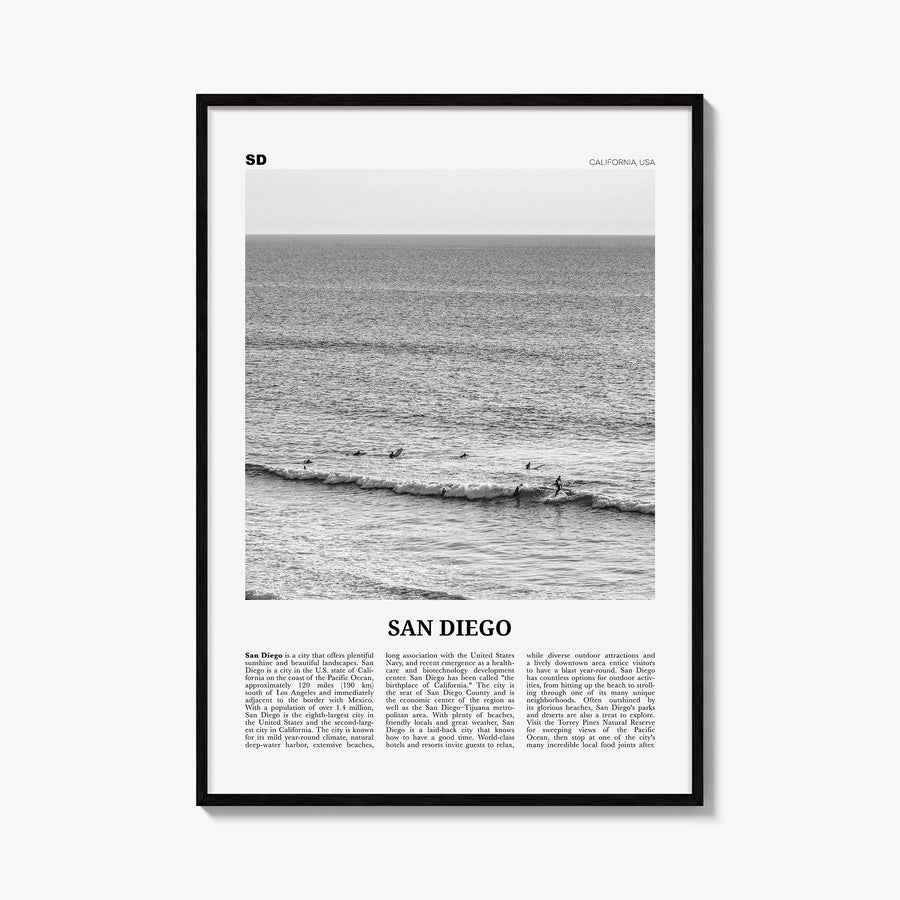 San Diego no. 6 black & white newspaper poster of California, USA – vertical wall art, unframed print shown in interior mocku