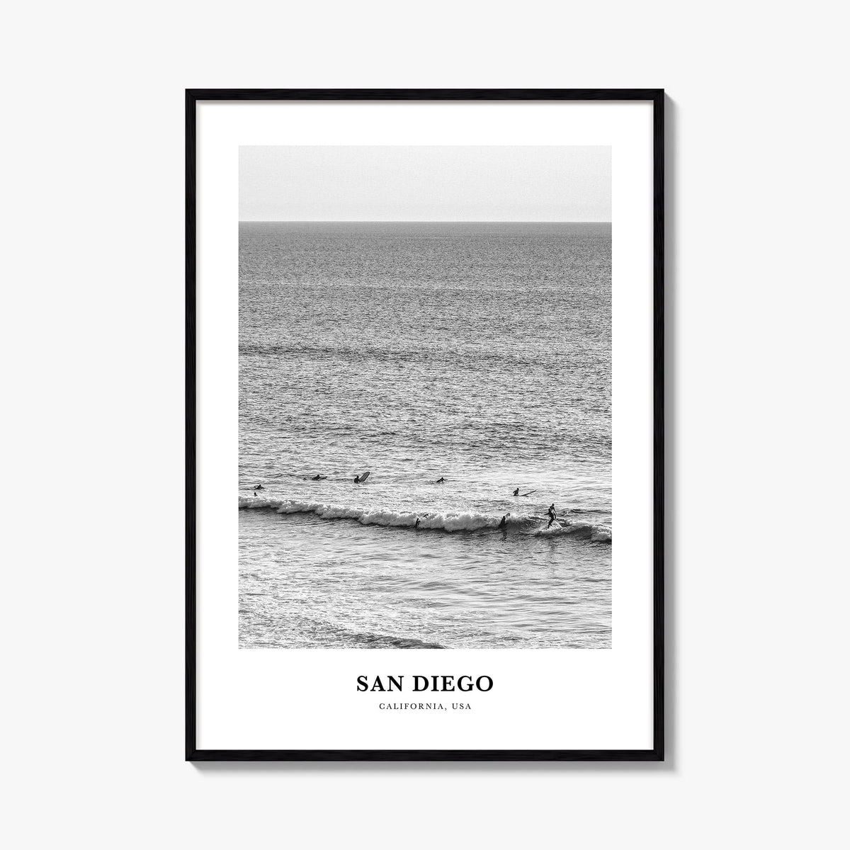 San Diego no. 7 black & white classic poster of California, USA – vertical wall art, unframed print shown in interior mockup