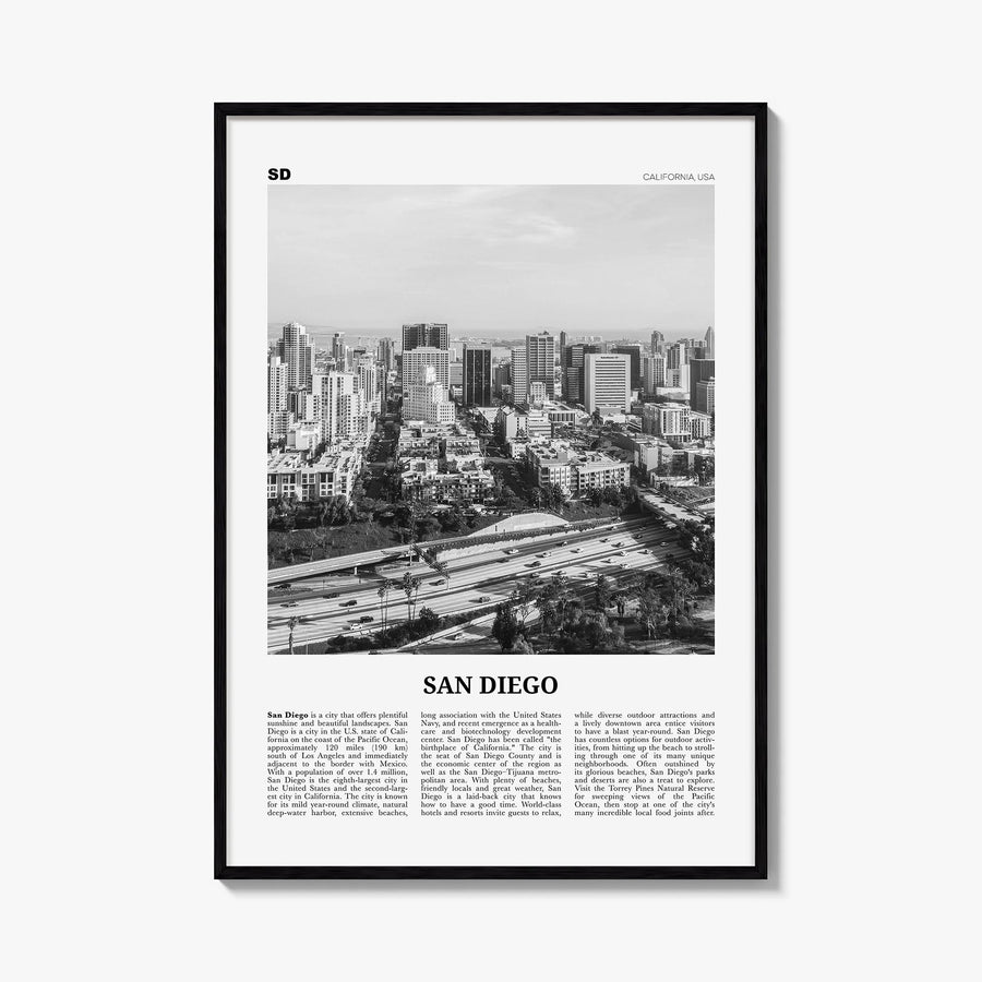 San Diego no. 7 black & white newspaper poster of California, USA – vertical wall art, unframed print shown in interior mocku