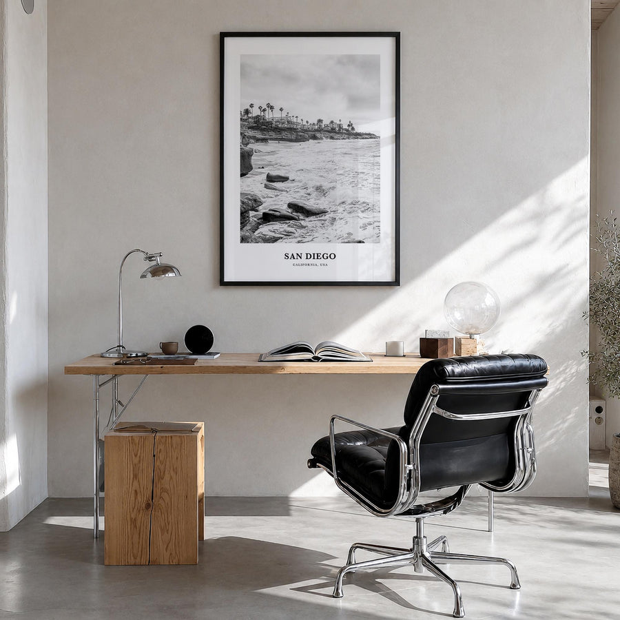 San Diego no. 8 black & white classic poster of California, USA – vertical wall art in black wood frame, hanging on wall