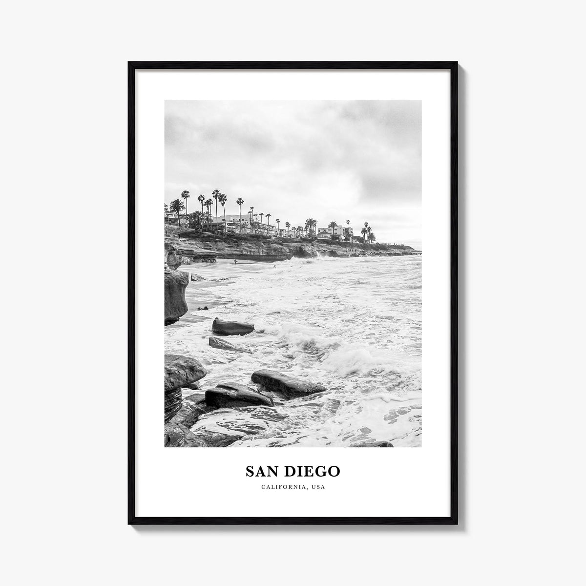 San Diego no. 8 black & white classic poster of California, USA – vertical wall art, unframed print shown in interior mockup