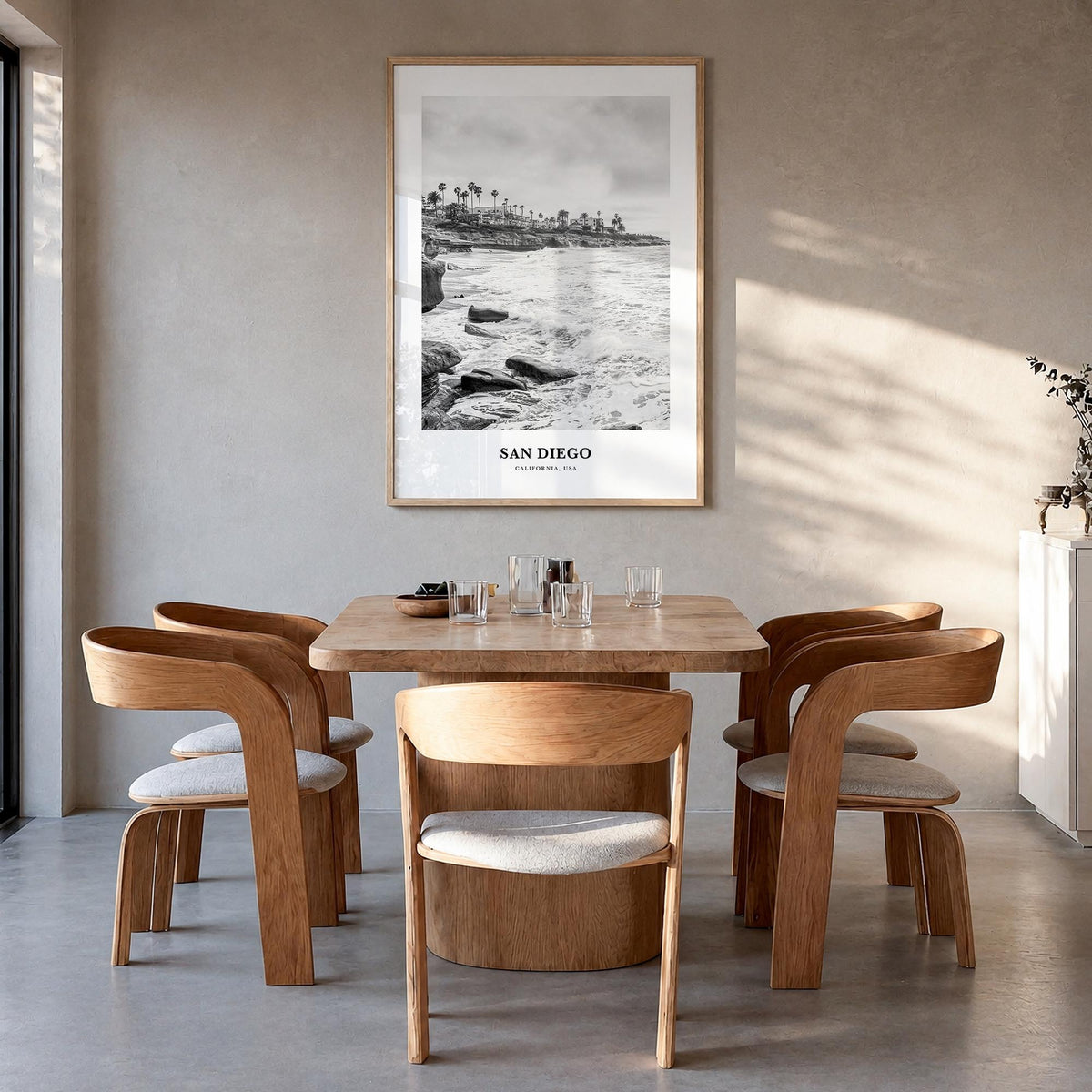 San Diego no. 8 black & white classic poster of California, USA – vertical wall art in natural wood frame, hanging on wall
