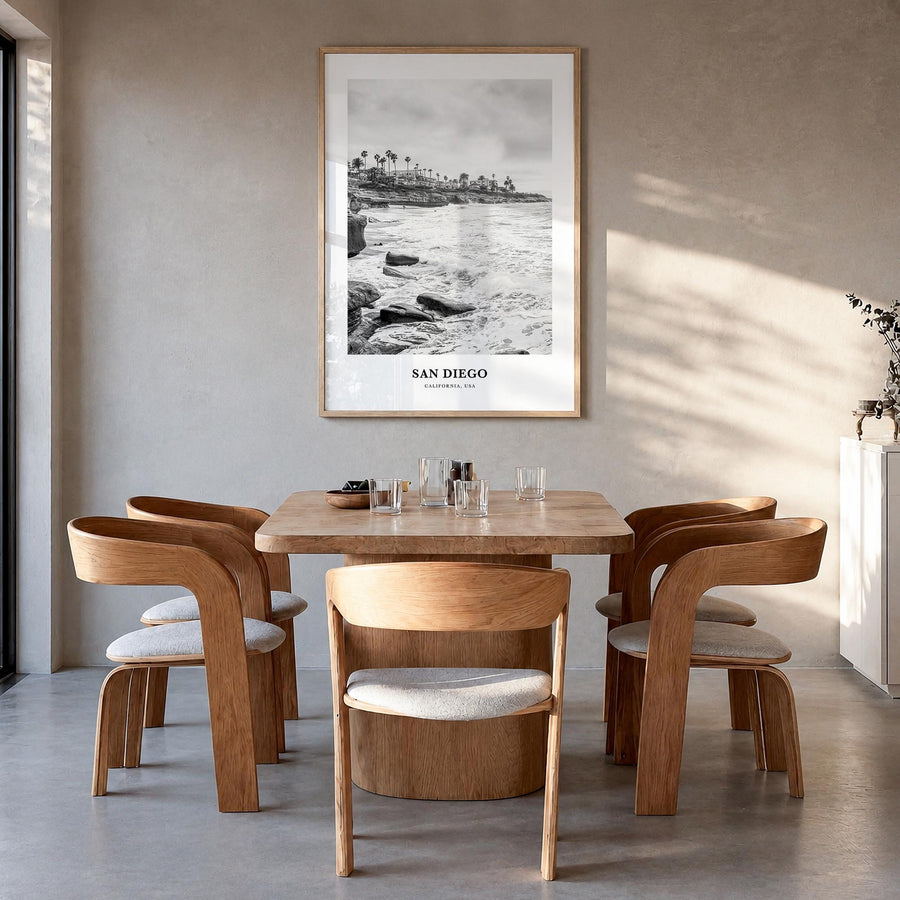 San Diego no. 8 black & white classic poster of California, USA – vertical wall art in natural wood frame, hanging on wall