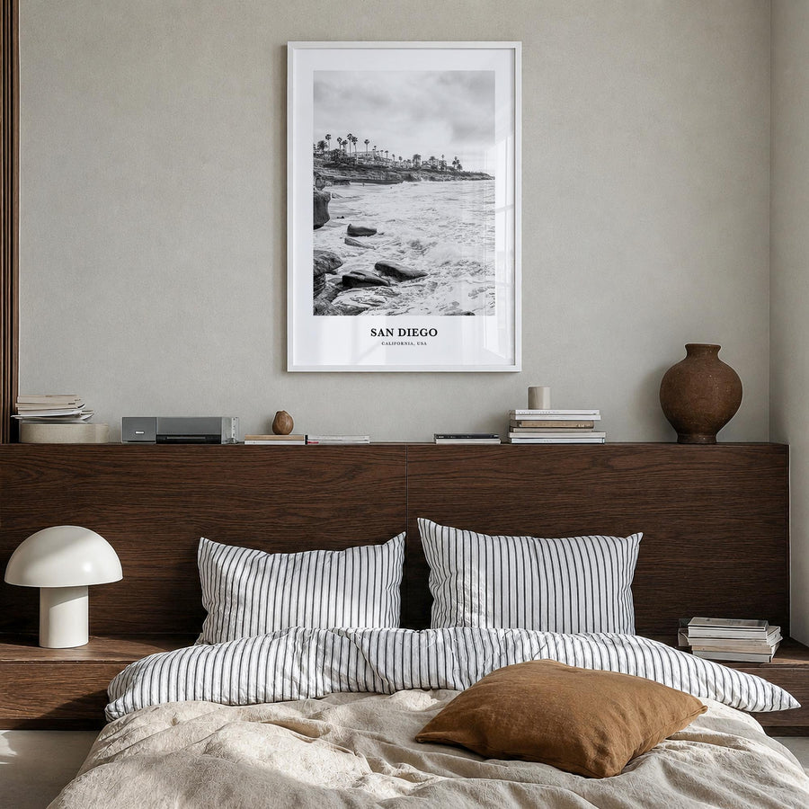 San Diego no. 8 black & white classic poster of California, USA – vertical wall art in white wood frame, hanging on wall