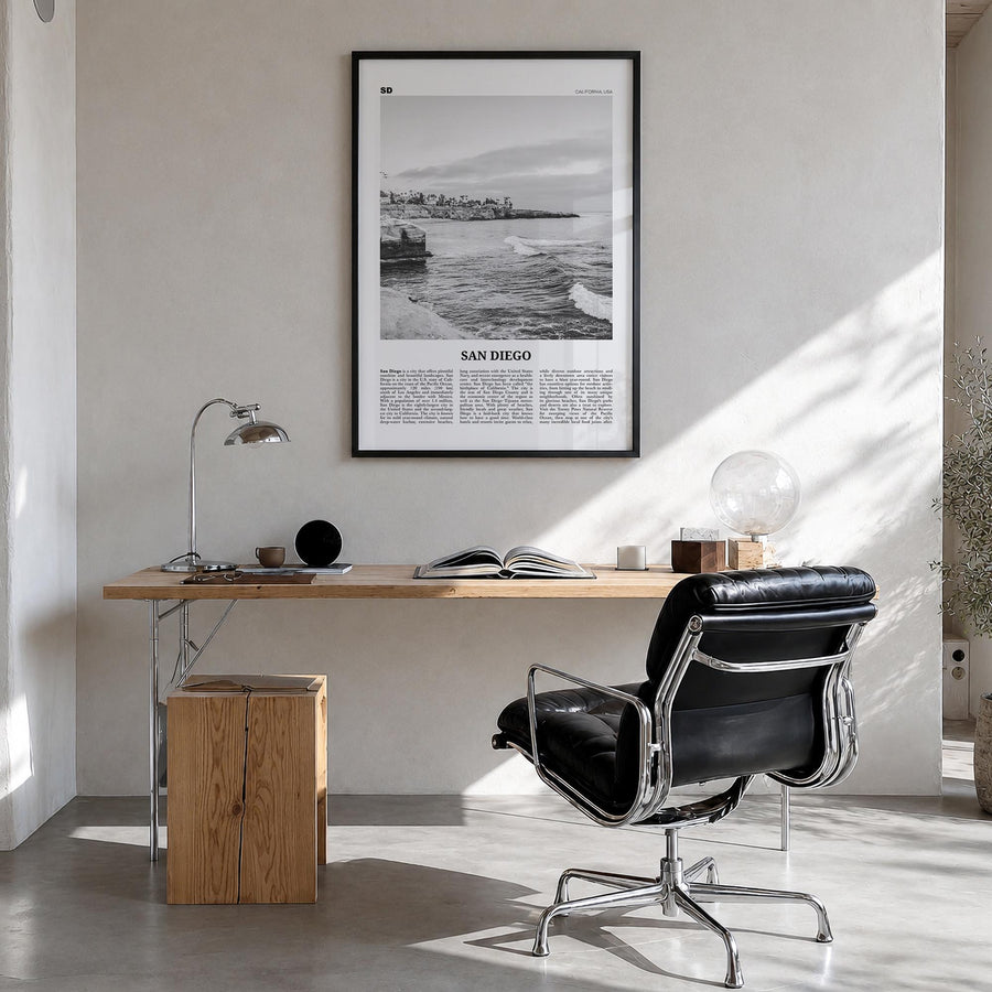 San Diego no. 8 black & white newspaper poster of California, USA – vertical wall art in black wood frame, hanging on wall