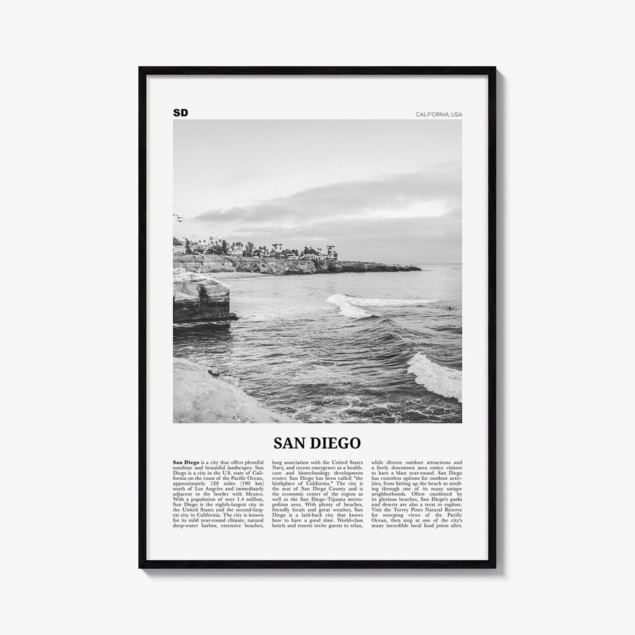 San Diego no. 8 black & white newspaper poster of California, USA – vertical wall art, unframed print shown in interior mocku