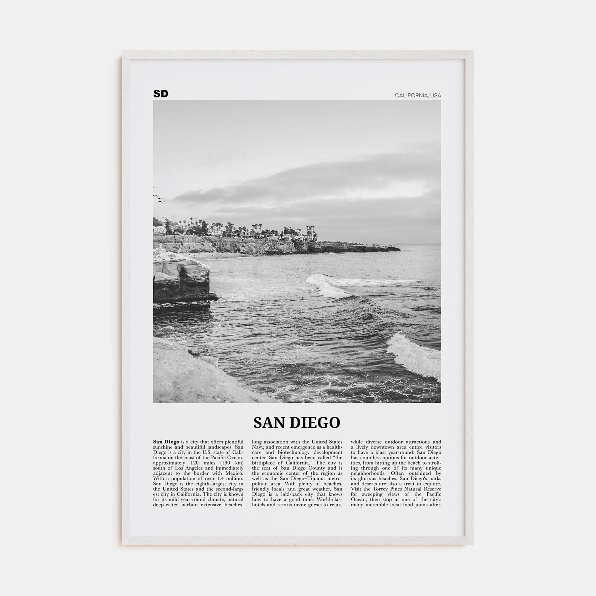 San Diego No 8 Poster White Wood / 8x12 in Nbourhood Travel B&W Poster