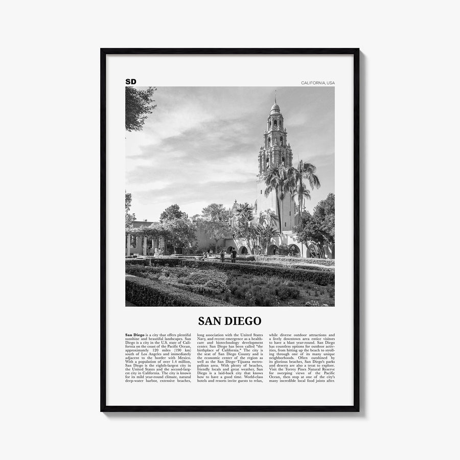 San Diego no. 9 black & white newspaper poster of California, USA – vertical wall art, unframed print shown in interior mocku