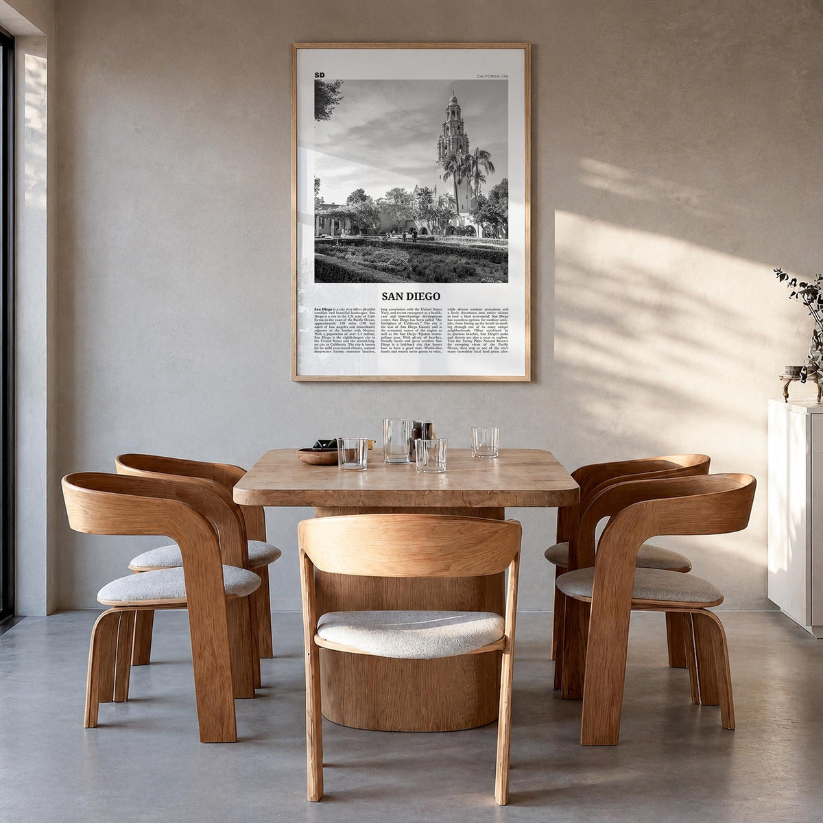 San Diego no. 9 black & white newspaper poster of California, USA – vertical wall art in natural wood frame, hanging on wall