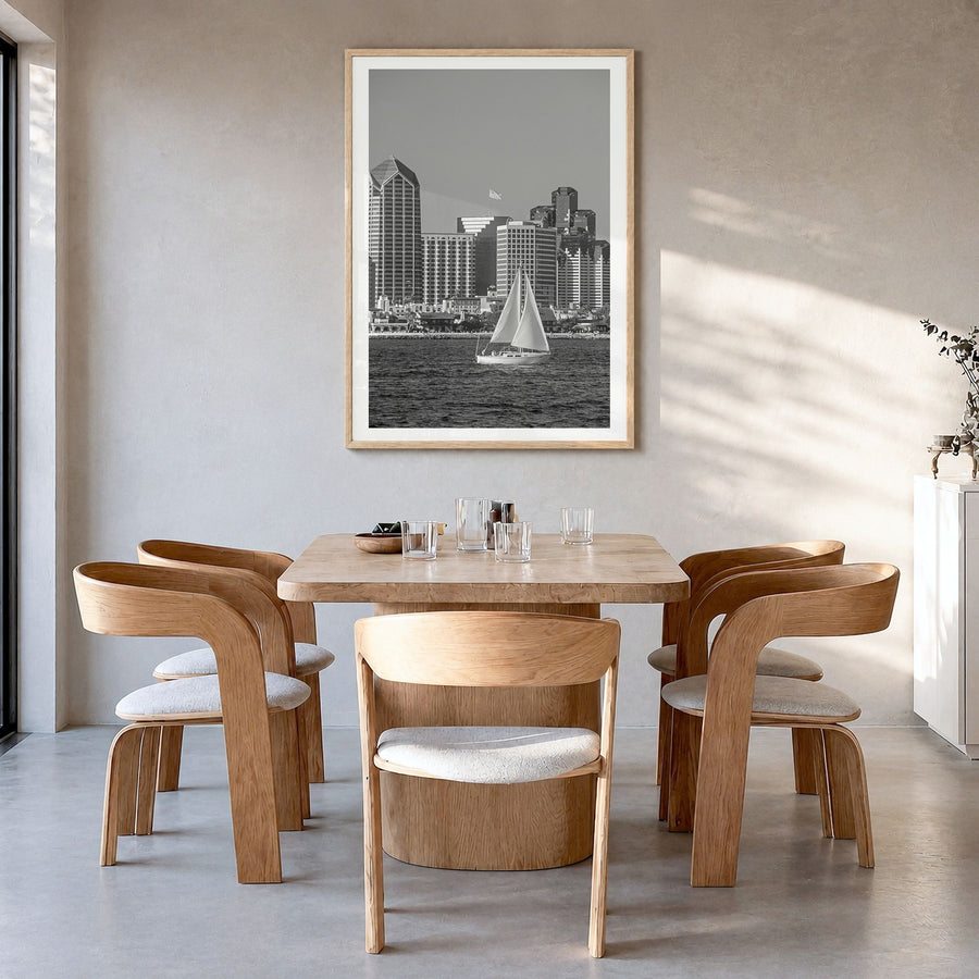San Diego Photo No 2 Poster in a natural wood frame, hanging in a dining room, white border