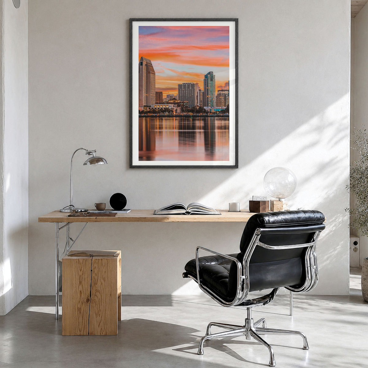 San Diego Photo No 1 Poster in a black wood frame, hanging in a bright home office, white border