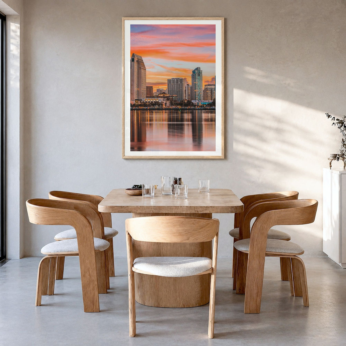 San Diego Photo No 1 Poster in a natural wood frame, hanging in a dining room, white border
