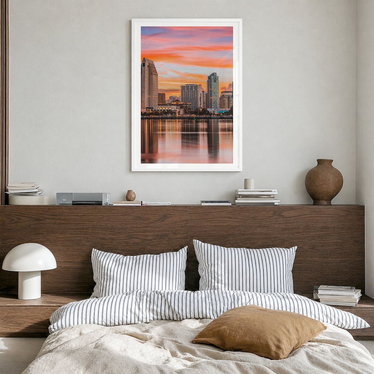 San Diego Photo No 1 Poster in a white wood frame, hanging in a bedroom, white border