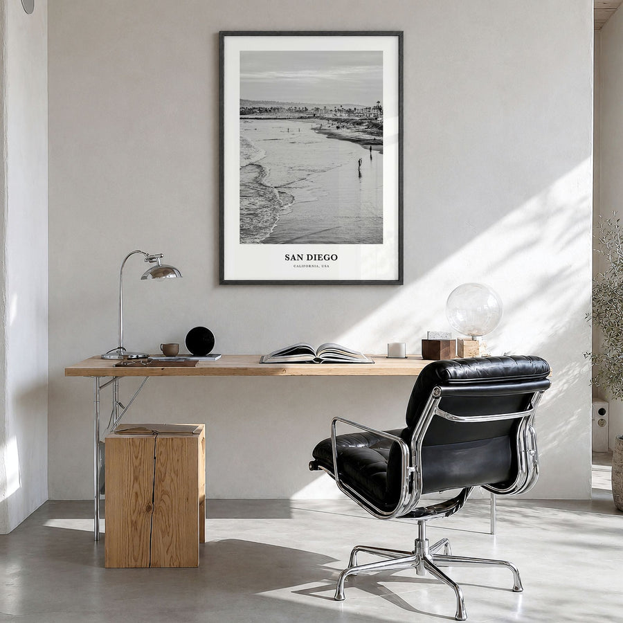 San Diego Classic No 1 Poster in a black wood frame, hanging in a bright home office
