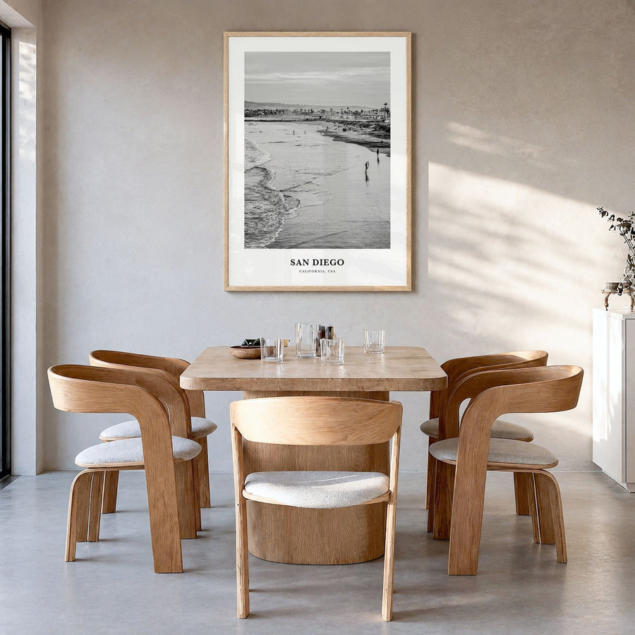 San Diego Classic No 1 Poster in a natural wood frame, hanging in a dining room